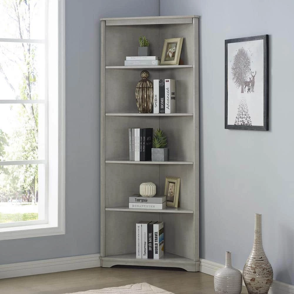 Damascus 78 in. Antique White Wood 5- -Shelf Transitional Corner Bookcase by Furniture of America 2 Damascus 78 in. Antique White Wood 5- -Shelf Transitional Corner Bookcase by Furniture of America - Image 2