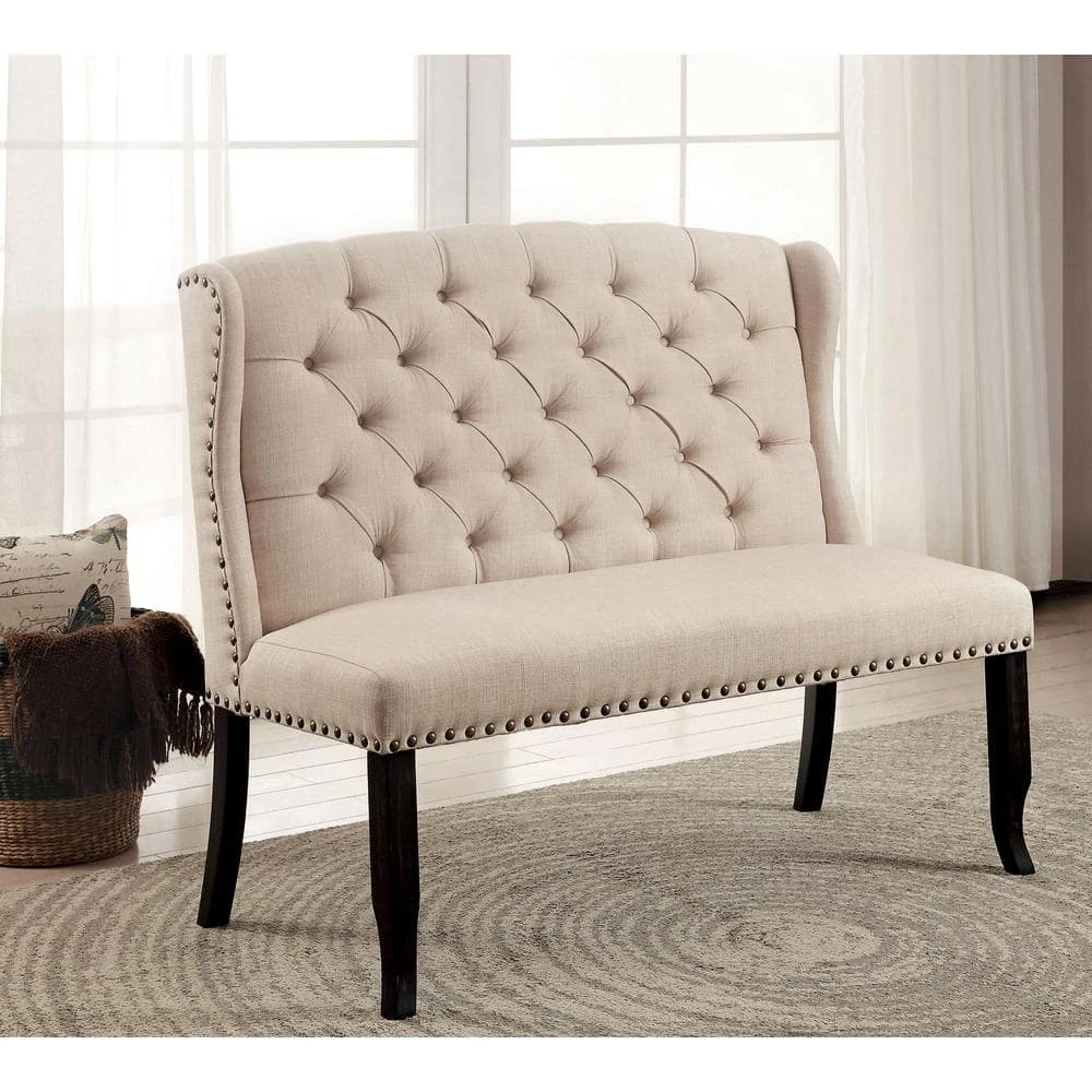 Anthus Beige Nailhead Button Tufted High Back Bench by Furniture of America 2 Anthus Beige Nailhead Button Tufted High Back Bench by Furniture of America - Image 2