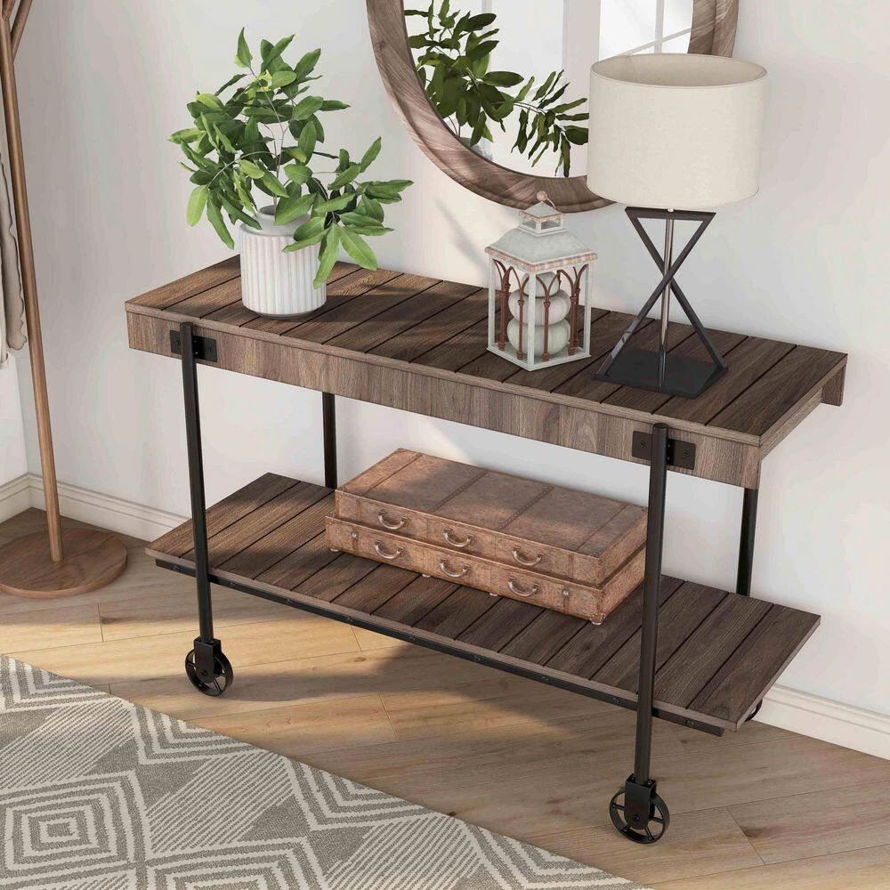 Bargib 47.25 in. Black and Dark Walnut Rectangle Wood Console Table with Wheels by Furniture of America 5 Bargib 47.25 in. Black and Dark Walnut Rectangle Wood Console Table with Wheels by Furniture of America - Image 5