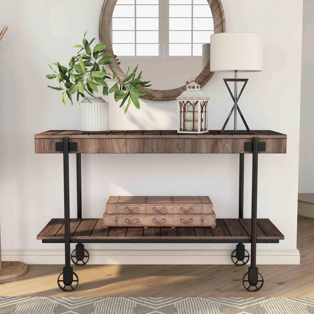 Bargib 47.25 in. Black and Dark Walnut Rectangle Wood Console Table with Wheels by Furniture of America 4 Bargib 47.25 in. Black and Dark Walnut Rectangle Wood Console Table with Wheels by Furniture of America - Image 4
