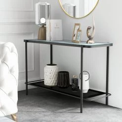 Mount Olive 48 in. Black and White Rectangle Faux Marble Console Table with Open Shelf by Furniture of America -Furniture of America Sales Store black and white furniture of america console tables idf 4909wh s 31 1000