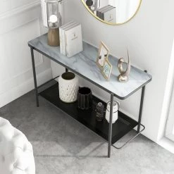 Mount Olive 48 in. Black and White Rectangle Faux Marble Console Table with Open Shelf by Furniture of America -Furniture of America Sales Store black and white furniture of america console tables idf 4909wh s 4f 1000