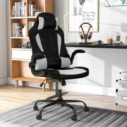 Adei Regular Black and White Breathable Mesh Gaming Chair With Pillow by Furniture of America -Furniture of America Sales Store black and white furniture of america gaming chairs idf 6020 bw 31 1000
