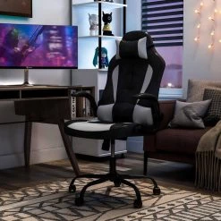 Adei Regular Black and White Breathable Mesh Gaming Chair With Pillow by Furniture of America -Furniture of America Sales Store black and white furniture of america gaming chairs idf 6020 bw c3 1000