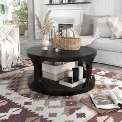 Tallia 36 in. Black Round Wood Coffee Table with 1-Shelf by Furniture of America -Furniture of America Sales Store black furniture of america coffee tables idf 4422c 31 1000