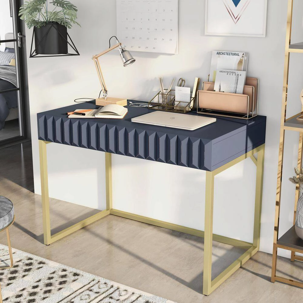 Gotheimer 42 in. Rectangular Blue and Gold Writing Desk with USB Port by Furniture of America 5 Gotheimer 42 in. Rectangular Blue and Gold Writing Desk with USB Port by Furniture of America - Image 5