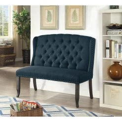 Anthus Blue Nailhead Button Tufted High Back Bench by Furniture of America -Furniture of America Sales Store blue furniture of america bedroom benches idf 3324bk bl bn 31 1000