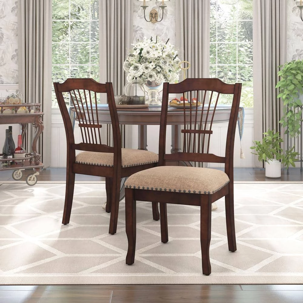 Bennettsville Brown Cherry and Beige Wood Nailhead Dining Side Chairs (Set of 2) by Furniture of America 5 Bennettsville Brown Cherry and Beige Wood Nailhead Dining Side Chairs (Set of 2) by Furniture of America - Image 5