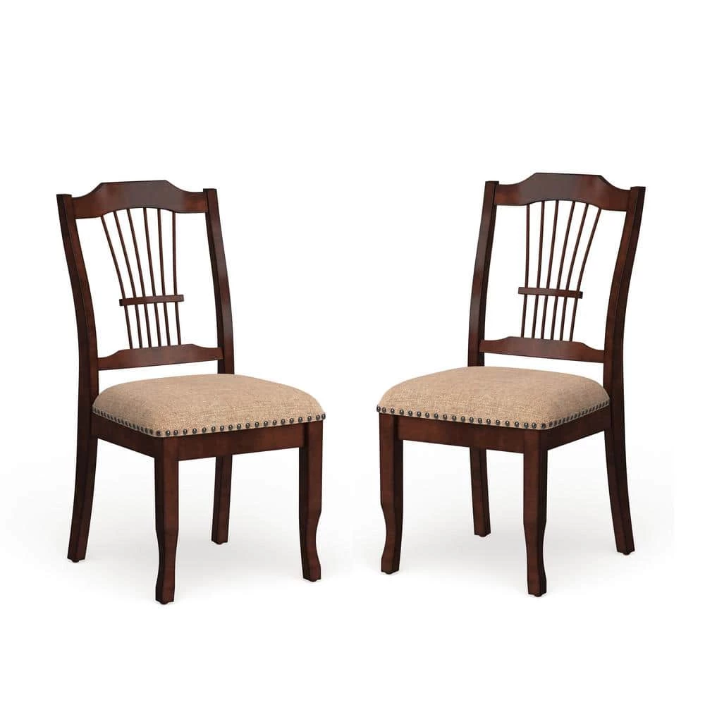 Bennettsville Brown Cherry and Beige Wood Nailhead Dining Side Chairs (Set of 2) by Furniture of America 1 Bennettsville Brown Cherry and Beige Wood Nailhead Dining Side Chairs (Set of 2) by Furniture of America