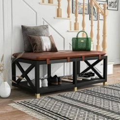 Morgantown Brown Bench with Shelf (20.25 in. H X 48.5 in. W X 24.75 in. D) by Furniture of America -Furniture of America Sales Store brown furniture of america dining benches idf bn823br 1f 1000