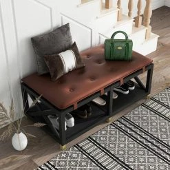 Morgantown Brown Bench with Shelf (20.25 in. H X 48.5 in. W X 24.75 in. D) by Furniture of America -Furniture of America Sales Store brown furniture of america dining benches idf bn823br 4f 1000