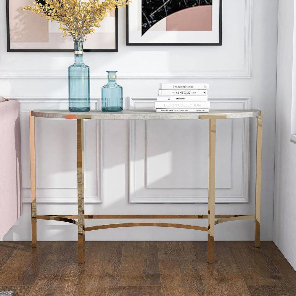Loomic 48.13 in. Champagne and White Haft-Circle Faux Marble Console Table by Furniture of America 7 Loomic 48.13 in. Champagne and White Haft-Circle Faux Marble Console Table by Furniture of America - Image 7