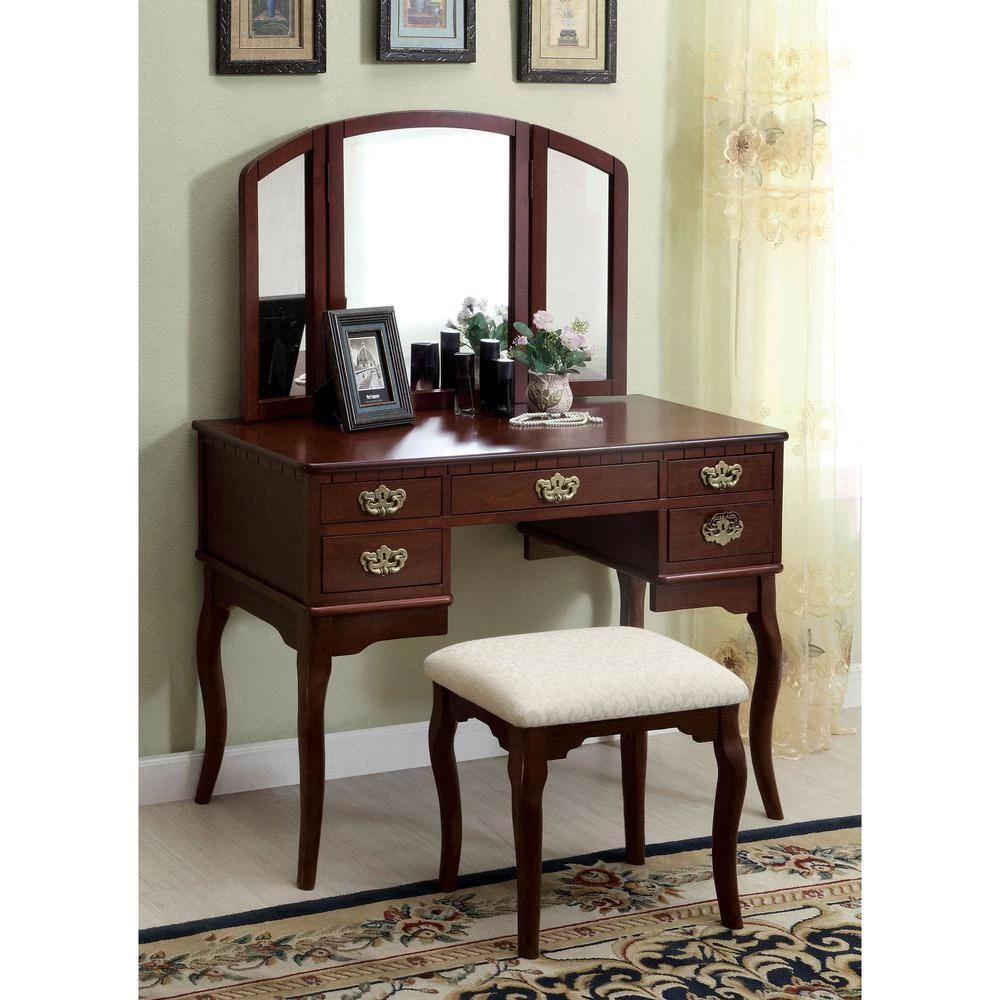 Talia 2-Piece Cherry Antique Drawer Pull Vanity Set by Furniture of America 6 Talia 2-Piece Cherry Antique Drawer Pull Vanity Set by Furniture of America - Image 6