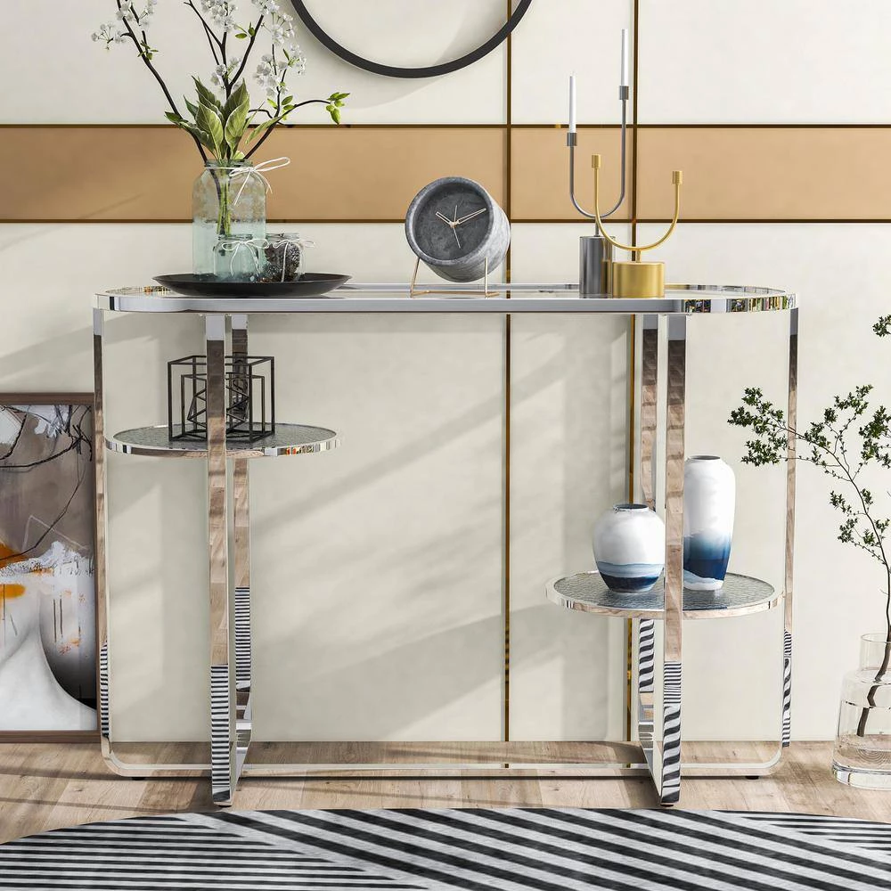 Thaler 42 in. Chrome and Clear Oval Glass Console Table with 2 Shelves by Furniture of America 7 Thaler 42 in. Chrome and Clear Oval Glass Console Table with 2 Shelves by Furniture of America - Image 7