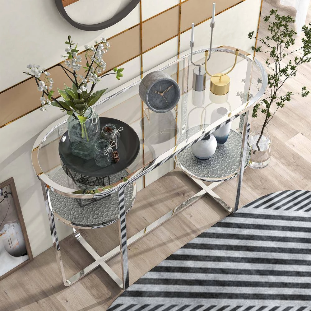 Thaler 42 in. Chrome and Clear Oval Glass Console Table with 2 Shelves by Furniture of America 4 Thaler 42 in. Chrome and Clear Oval Glass Console Table with 2 Shelves by Furniture of America - Image 4