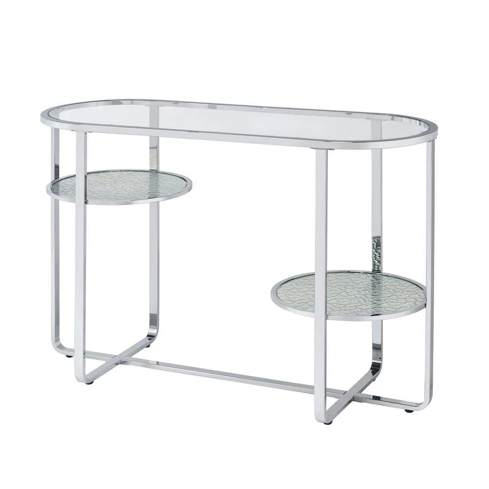 Thaler 42 in. Chrome and Clear Oval Glass Console Table with 2 Shelves by Furniture of America 1 Thaler 42 in. Chrome and Clear Oval Glass Console Table with 2 Shelves by Furniture of America
