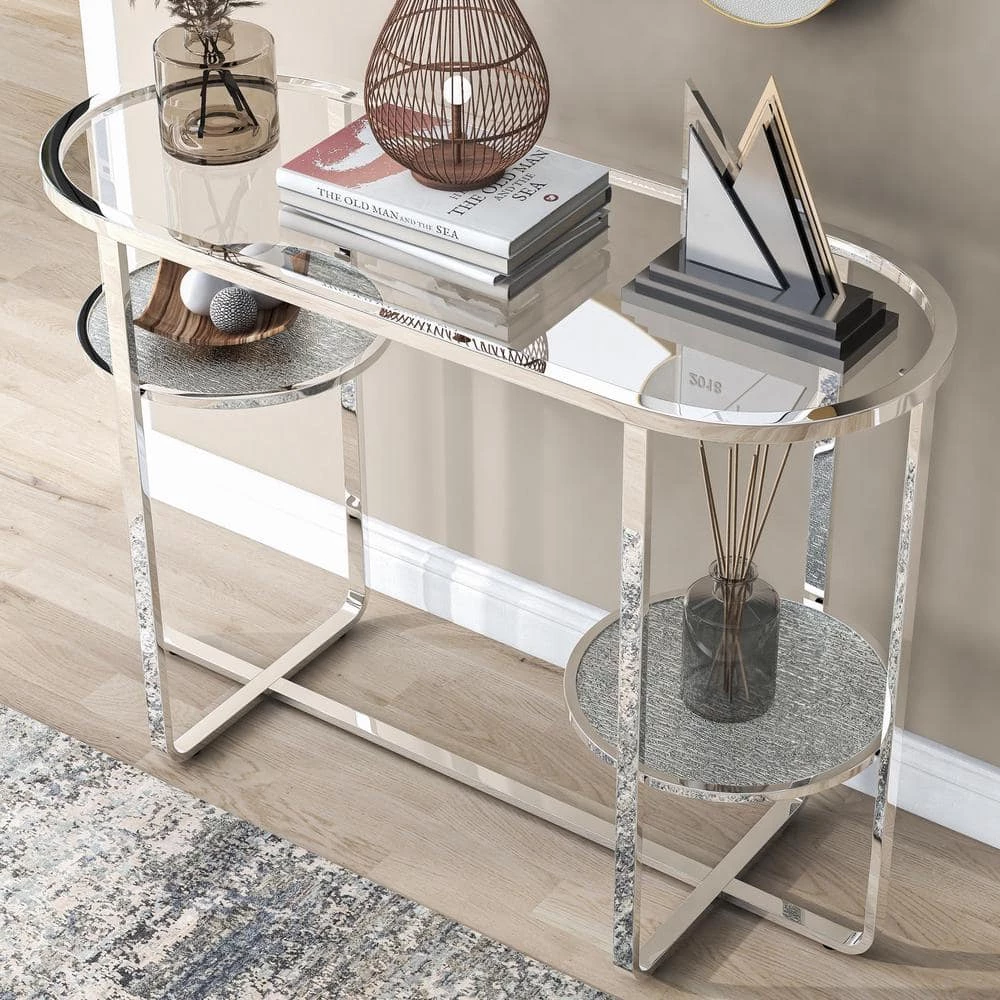 Thaler 42 in. Chrome and Clear Oval Glass Console Table with 2 Shelves by Furniture of America 5 Thaler 42 in. Chrome and Clear Oval Glass Console Table with 2 Shelves by Furniture of America - Image 5