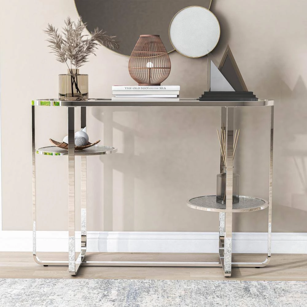 Thaler 42 in. Chrome and Clear Oval Glass Console Table with 2 Shelves by Furniture of America 7 Thaler 42 in. Chrome and Clear Oval Glass Console Table with 2 Shelves by Furniture of America - Image 7