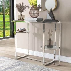 Thaler 42 in. Chrome and Clear Oval Glass Console Table with 2 Shelves by Furniture of America 10 Thaler 42 in. Chrome and Clear Oval Glass Console Table with 2 Shelves by Furniture of America -Furniture of America Sales Store chrome and clear furniture of america console tables idf 4281crm s 4f 1000