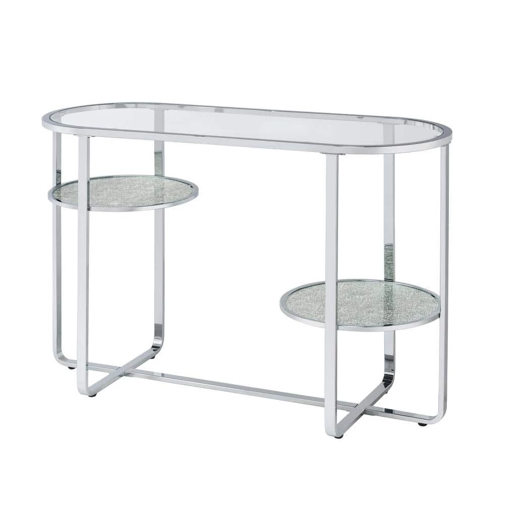 Thaler 42 in. Chrome and Clear Oval Glass Console Table with 2 Shelves by Furniture of America 1 Thaler 42 in. Chrome and Clear Oval Glass Console Table with 2 Shelves by Furniture of America