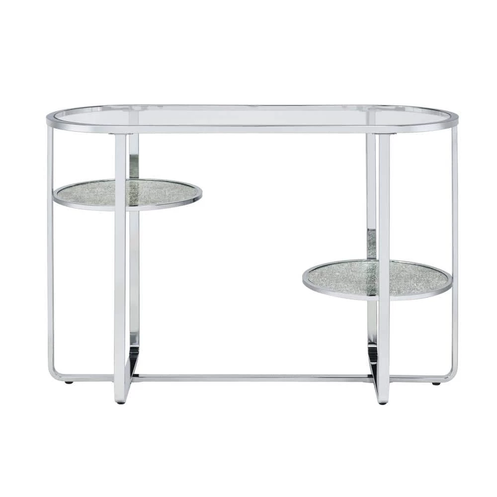 Thaler 42 in. Chrome and Clear Oval Glass Console Table with 2 Shelves by Furniture of America 3 Thaler 42 in. Chrome and Clear Oval Glass Console Table with 2 Shelves by Furniture of America - Image 3