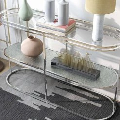 Castano 48 in. Chrome and Clear Oval Glass Console Table with Shelf by Furniture of America -Furniture of America Sales Store chrome and clear furniture of america console tables idf 4286crm s 1f 1000