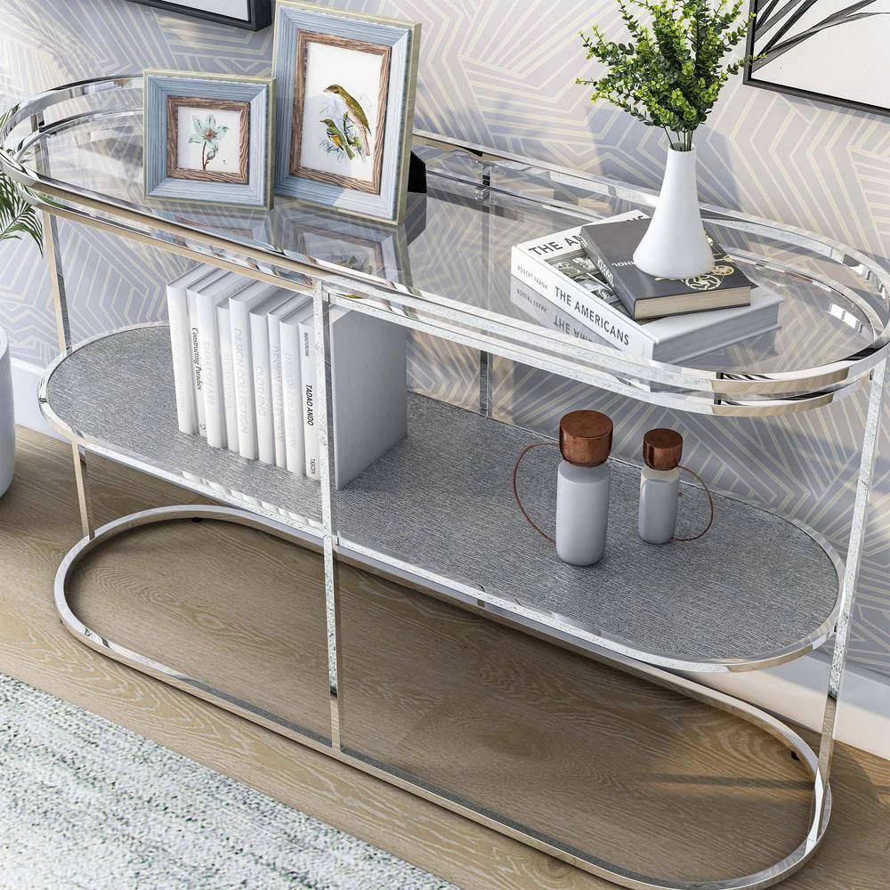 Castano 48 in. Chrome and Clear Oval Glass Console Table with Shelf by Furniture of America 5 Castano 48 in. Chrome and Clear Oval Glass Console Table with Shelf by Furniture of America - Image 5