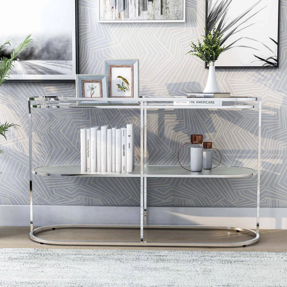 Castano 48 in. Chrome and Clear Oval Glass Console Table with Shelf by Furniture of America 7 Castano 48 in. Chrome and Clear Oval Glass Console Table with Shelf by Furniture of America - Image 7
