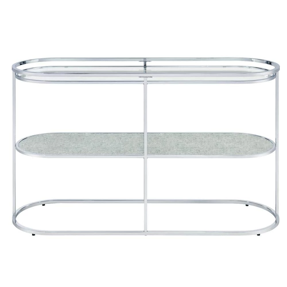 Castano 48 in. Chrome and Clear Oval Glass Console Table with Shelf by Furniture of America 1 Castano 48 in. Chrome and Clear Oval Glass Console Table with Shelf by Furniture of America