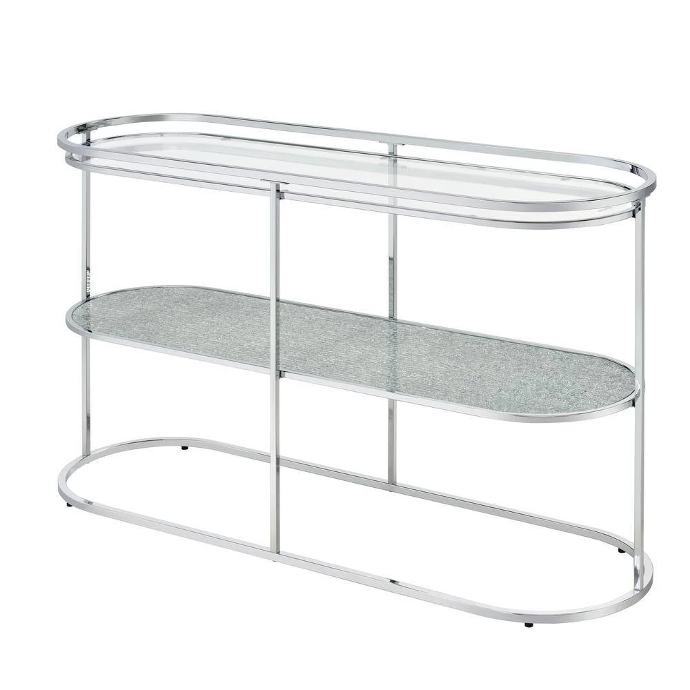 Castano 48 in. Chrome and Clear Oval Glass Console Table with Shelf by Furniture of America 3 Castano 48 in. Chrome and Clear Oval Glass Console Table with Shelf by Furniture of America - Image 3
