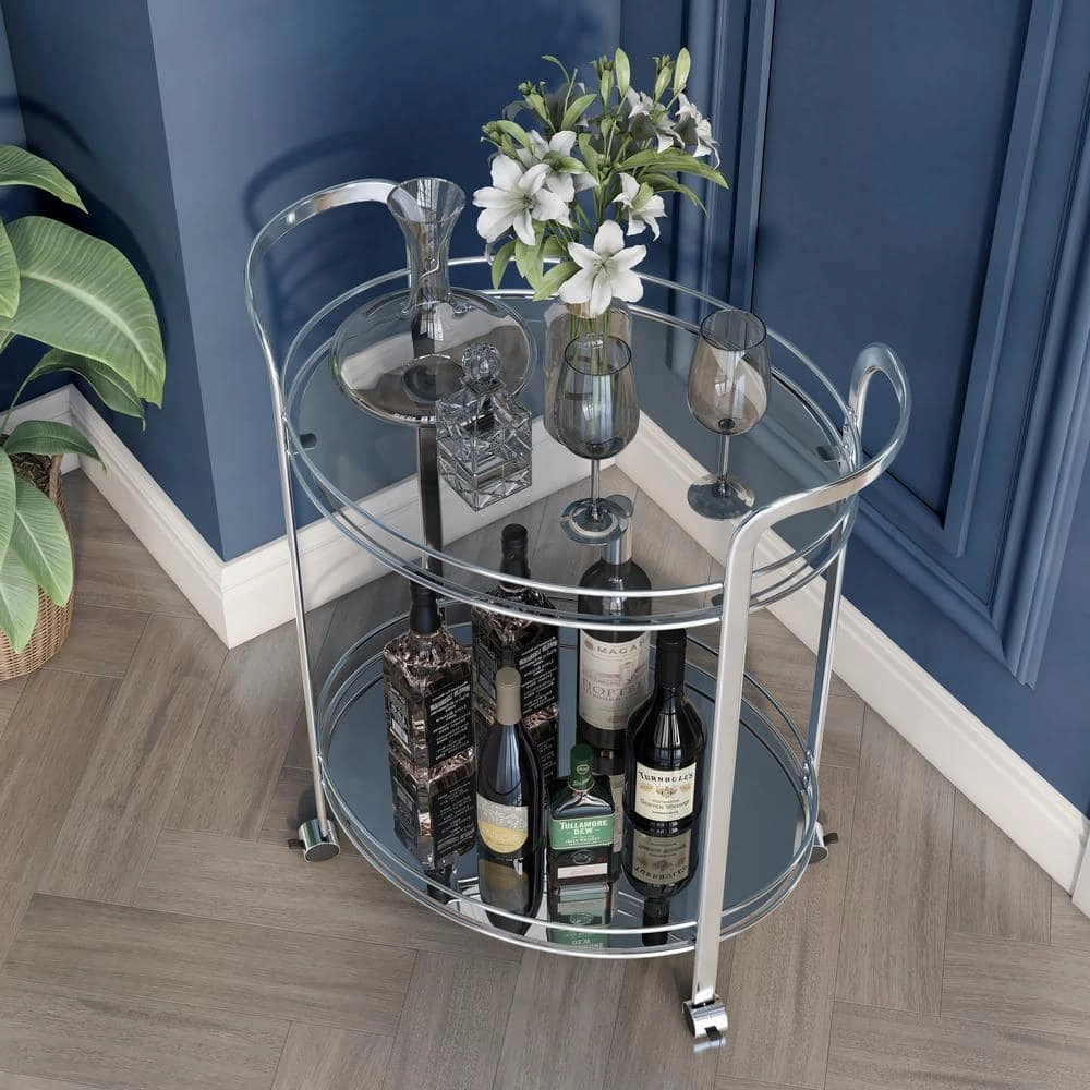 Stan Chrome Serving Cart With Mirrored Shelves by Furniture of America 4 Stan Chrome Serving Cart With Mirrored Shelves by Furniture of America - Image 4
