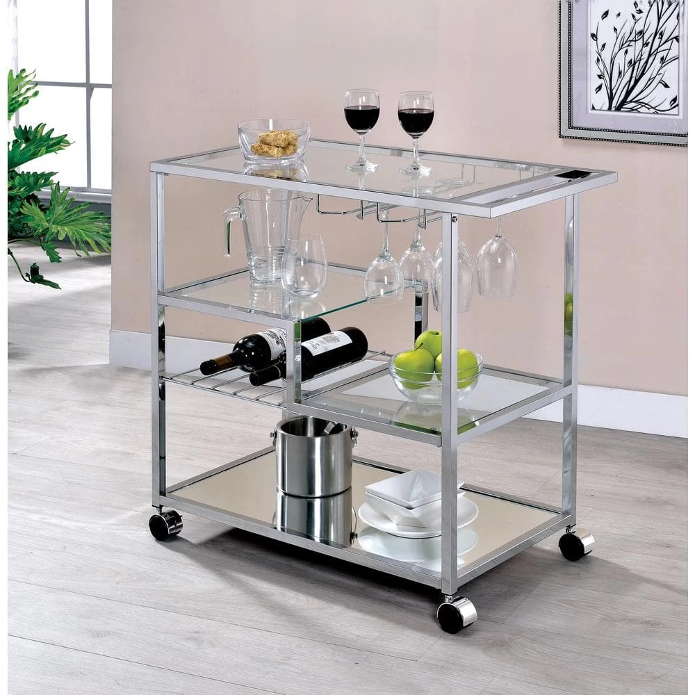 Daves Chrome Serving Cart with Stemware Rack by Furniture of America 4 Daves Chrome Serving Cart with Stemware Rack by Furniture of America - Image 4