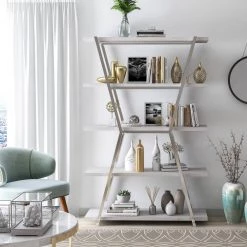 72 in. Chrome Metal 5-shelf Accent Bookcase with Adjustable Shelves by Furniture of America -Furniture of America Sales Store chrome furniture of america bookcases bookshelves idf ac535crm 31 1000