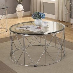 Sunnet 35.38 in. Chrome Round Glass Top Coffee Table by Furniture of America -Furniture of America Sales Store chrome furniture of america coffee tables idf 4342c 4f 1000