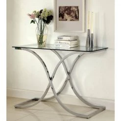 Kharmony 48 in. Chrome Rectangle Glass Console Table by Furniture of America -Furniture of America Sales Store chrome furniture of america console tables idf 4233s 4f 1000