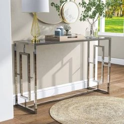 Tedmon 48 in. Chrome Rectangle Glass Console Table with Waterfall Pattern Top by Furniture of America -Furniture of America Sales Store chrome plating furniture of america console tables idf 4197crm s 4f 1000