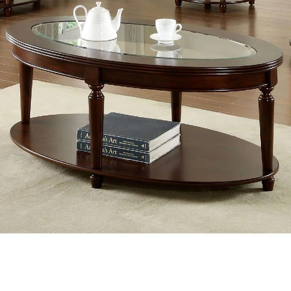 Granvia 48 in. Dark Cherry Large Oval Glass Coffee Table with Shelf by Furniture of America 3 Granvia 48 in. Dark Cherry Large Oval Glass Coffee Table with Shelf by Furniture of America - Image 3