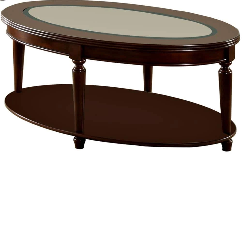 Granvia 48 in. Dark Cherry Large Oval Glass Coffee Table with Shelf by Furniture of America 1 Granvia 48 in. Dark Cherry Large Oval Glass Coffee Table with Shelf by Furniture of America
