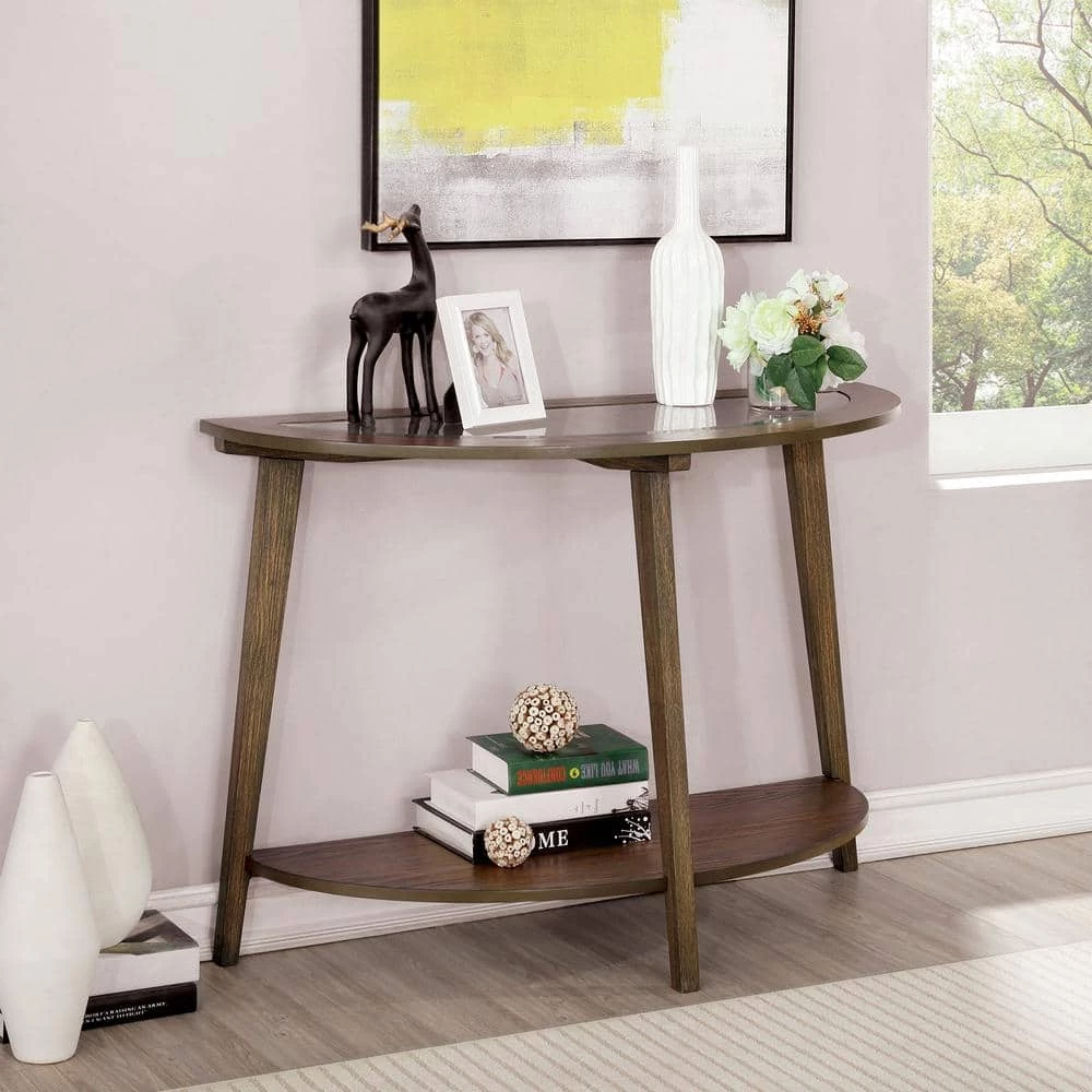Axton 42 in. Dark Oak Standard Half Moon Glass Console Table with Storage by Furniture of America 3 Axton 42 in. Dark Oak Standard Half Moon Glass Console Table with Storage by Furniture of America - Image 3