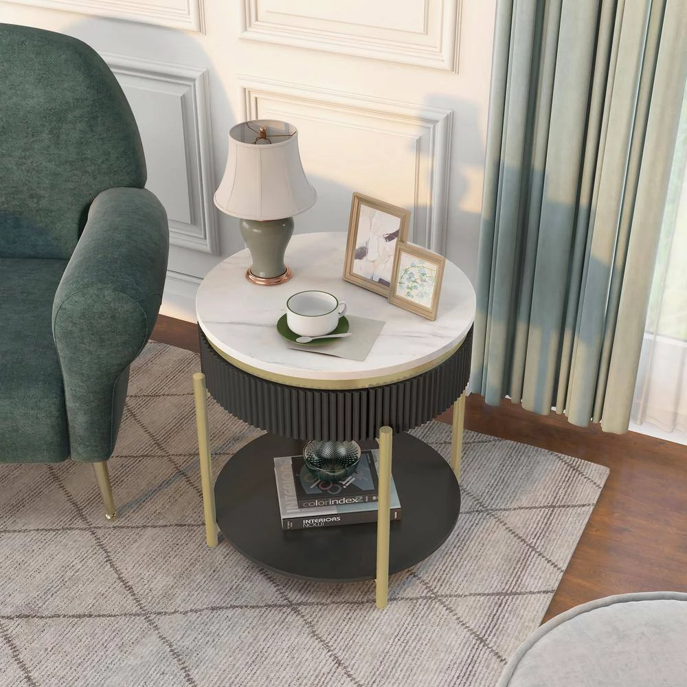 Kivelle 23 in. Dark Walnut and White Round Wood End Table with Drawer by Furniture of America 4 Kivelle 23 in. Dark Walnut and White Round Wood End Table with Drawer by Furniture of America - Image 4