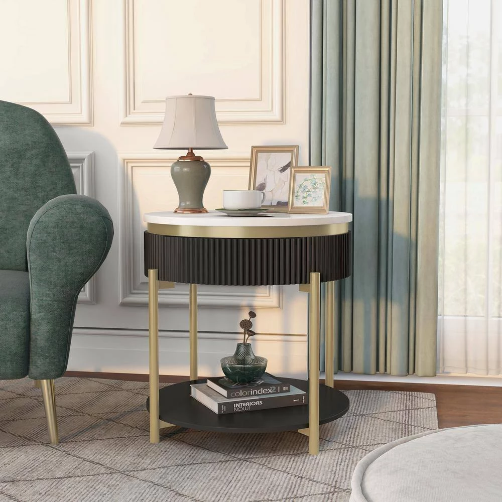 Kivelle 23 in. Dark Walnut and White Round Wood End Table with Drawer by Furniture of America 7 Kivelle 23 in. Dark Walnut and White Round Wood End Table with Drawer by Furniture of America - Image 7