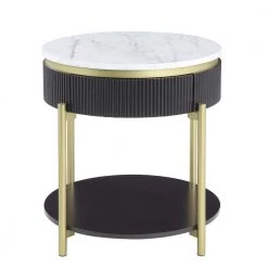 Kivelle 23 in. Dark Walnut and White Round Wood End Table with Drawer by Furniture of America