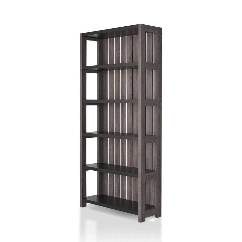 Wenoah 72 in. Distressed Gray/Black Wood 5-shelf Standard Bookcase with Reclaimed Wood by Furniture of America 2 Wenoah 72 in. Distressed Gray/Black Wood 5-shelf Standard Bookcase with Reclaimed Wood by Furniture of America - Image 2