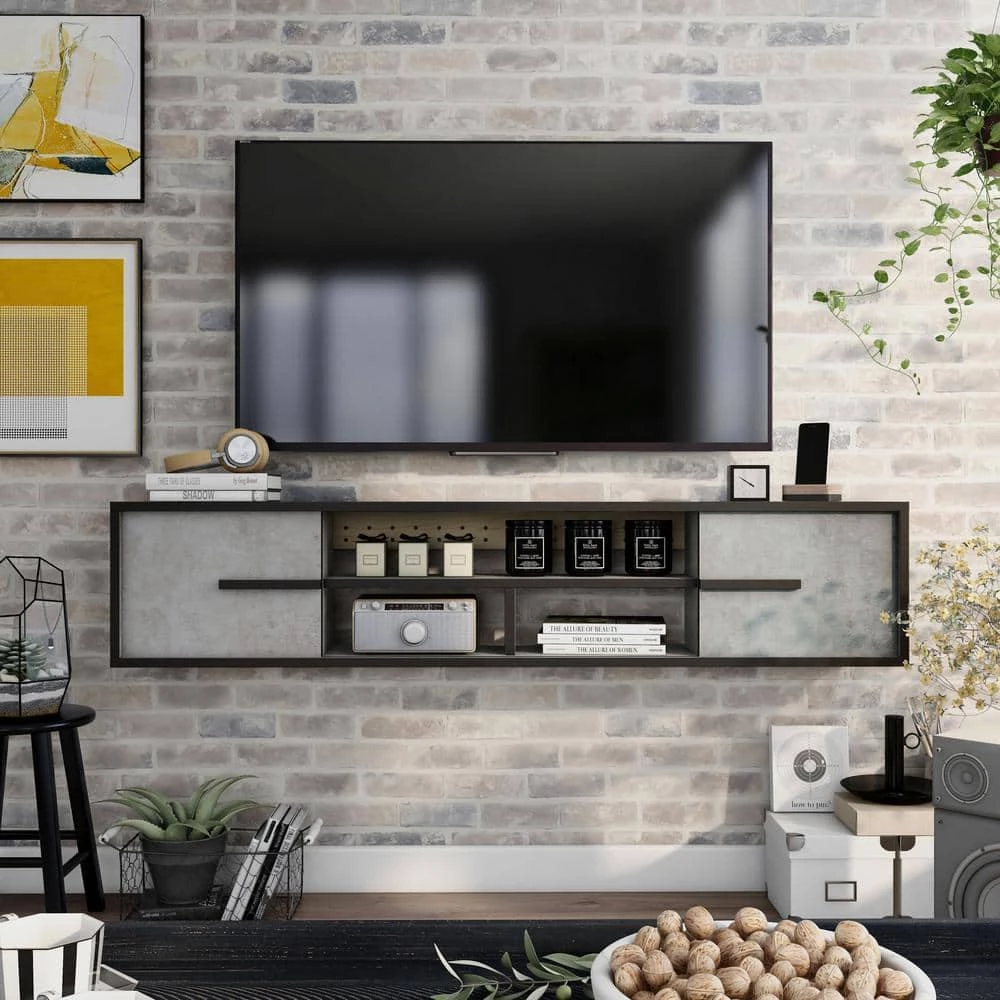 Nowlin 63 in. Faux Cement MDF Floating TV Stand with Sliding Doors Fits Up to 70 in TV by Furniture of America 1 Nowlin 63 in. Faux Cement MDF Floating TV Stand with Sliding Doors Fits Up to 70 in TV by Furniture of America