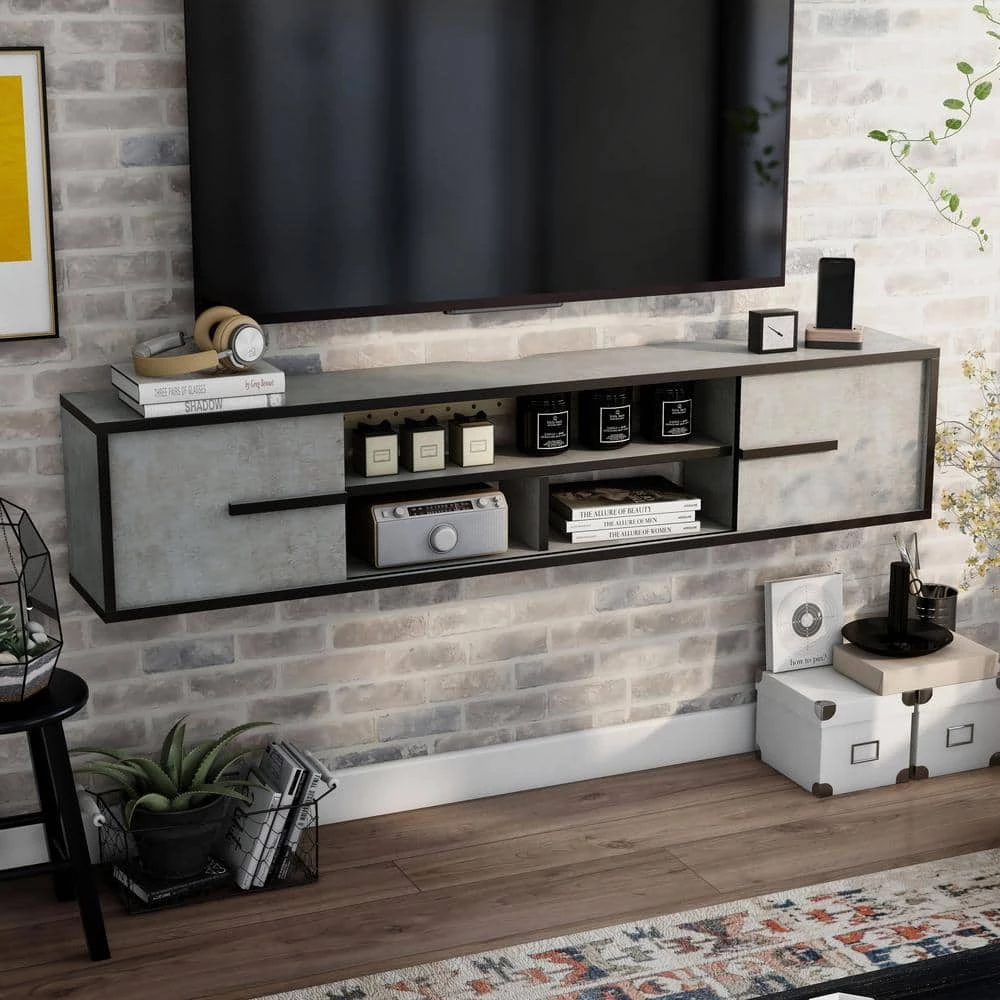 Nowlin 63 in. Faux Cement MDF Floating TV Stand with Sliding Doors Fits Up to 70 in TV by Furniture of America 7 Nowlin 63 in. Faux Cement MDF Floating TV Stand with Sliding Doors Fits Up to 70 in TV by Furniture of America - Image 7