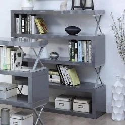 Wacca 54 in. Glossy Gray Wood 5-Shelf Standard Bookcase by Furniture of America -Furniture of America Sales Store glossy gray furniture of america bookcases bookshelves idf ac291gy 5 31 1000