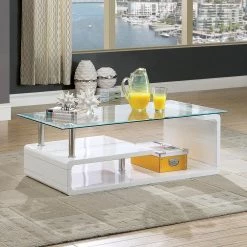 Bellamy 48 in. Glossy White/Clear Large Rectangle Glass Coffee Table with Shelf by Furniture of America -Furniture of America Sales Store glossy white furniture of america coffee tables idf 4056c 31 1000