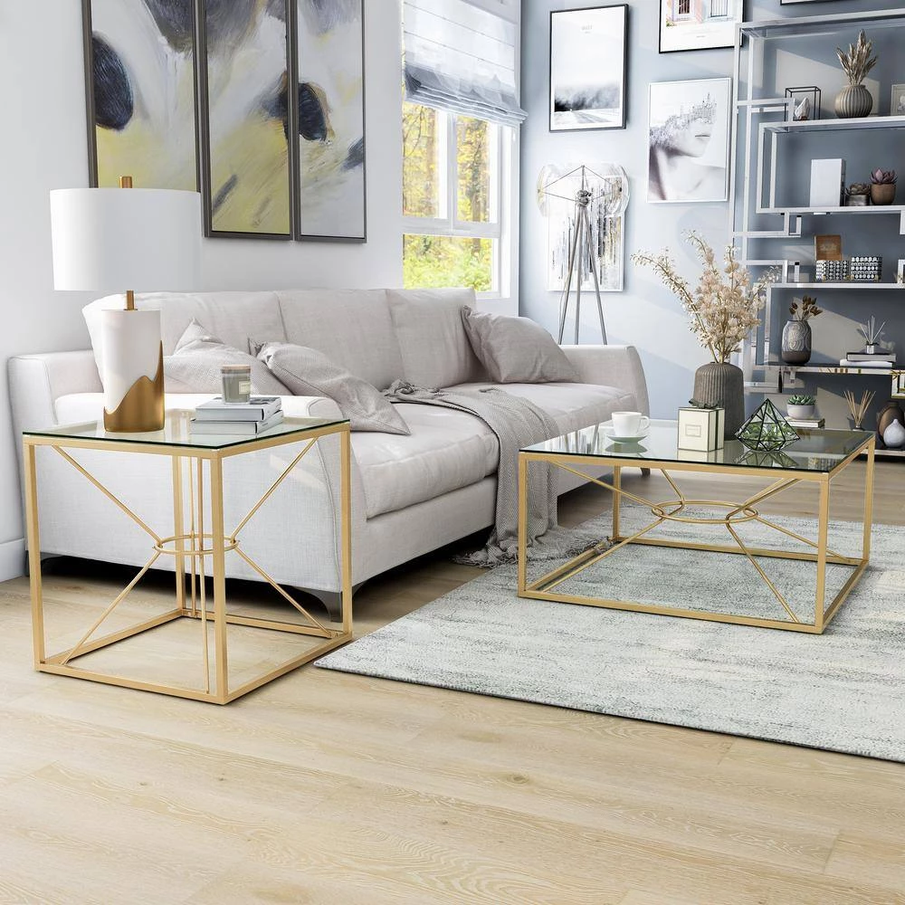 Karrey 35 .78 in. Gold Coating and Clear Square Glass Top Coffee Table by Furniture of America 8 Karrey 35 .78 in. Gold Coating and Clear Square Glass Top Coffee Table by Furniture of America - Image 8