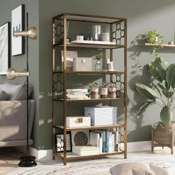 Randalls 63 in. Gold Coating and White Metal 5-Shelf Contemporary Standard Bookcase by Furniture of America