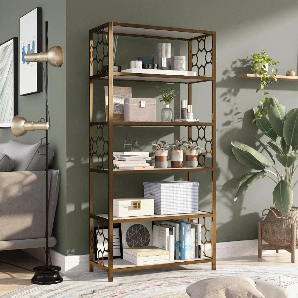 Randalls 63 in. Gold Coating and White Metal 5-Shelf Contemporary Standard Bookcase by Furniture of America 1 Randalls 63 in. Gold Coating and White Metal 5-Shelf Contemporary Standard Bookcase by Furniture of America